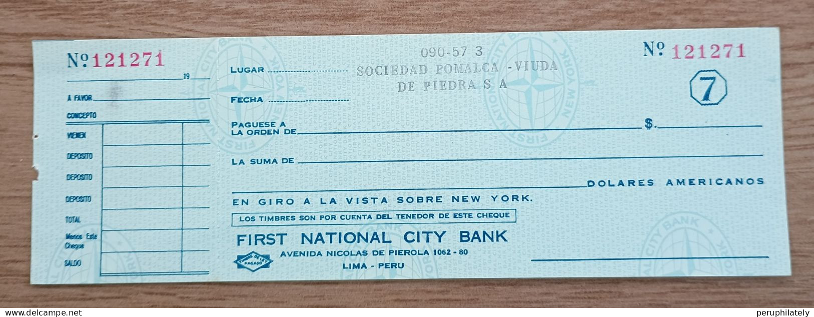 Peru Bank Check , First National City Bank Branch Lima - Pérou