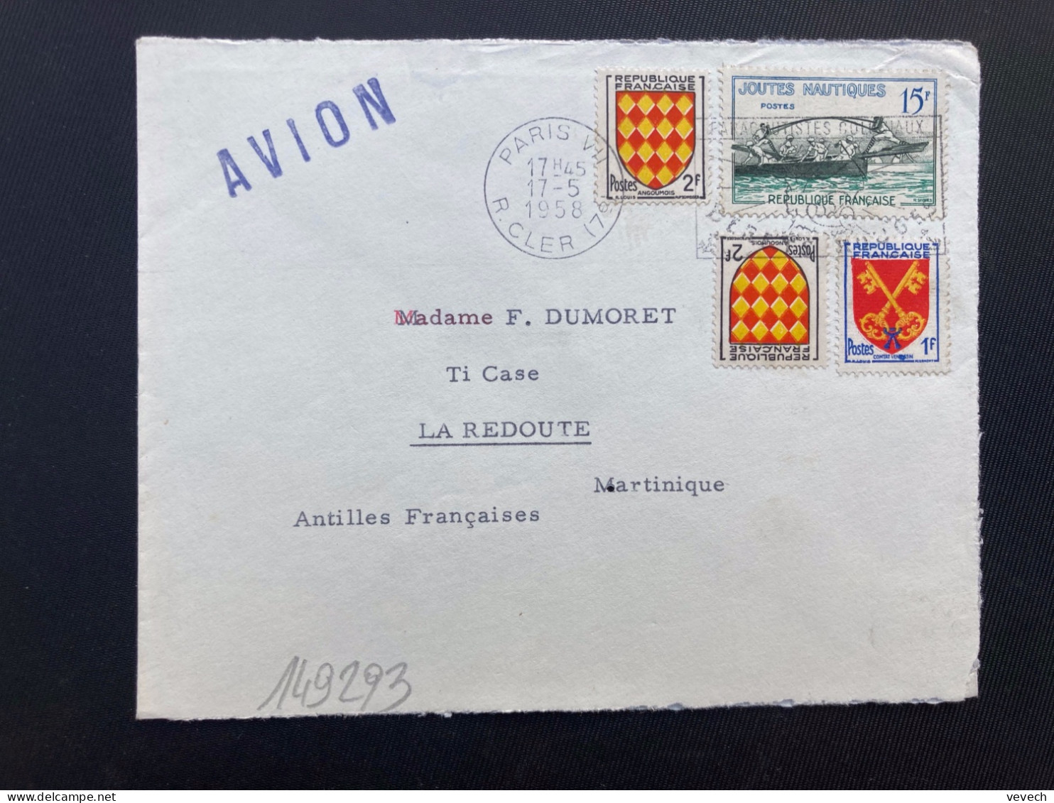 LETTRE Par Avion Pour La MARTINIQUE (REDOUTE) TP JOUTES NAUTIQUES 15F+ANGOUMOIS 2F X2+COMTAT 1F OBL.M17-5 1958 PARIS VII - 1921-1960: Periodo Moderno