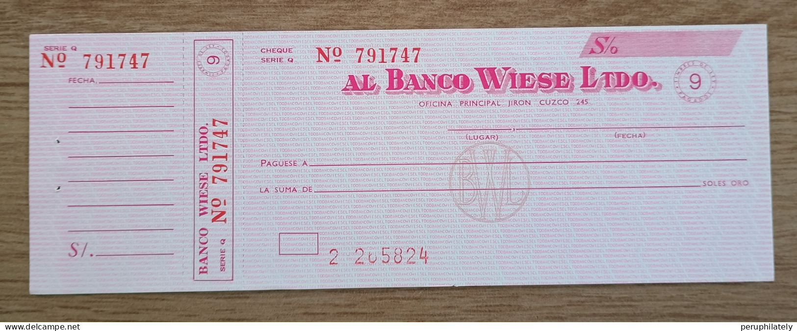 Peru Bank Check , Al Banco Wiese Ltdo - Peru