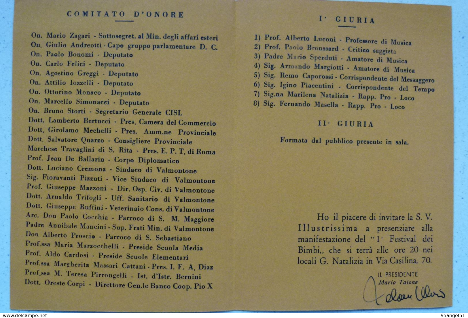 ASSOCIAZIONE PRO LOCO VALMONTONE - EPT ROMA - 1° FESTIVAL DEI BIMBI 1969 - INVITO - Autres & Non Classés