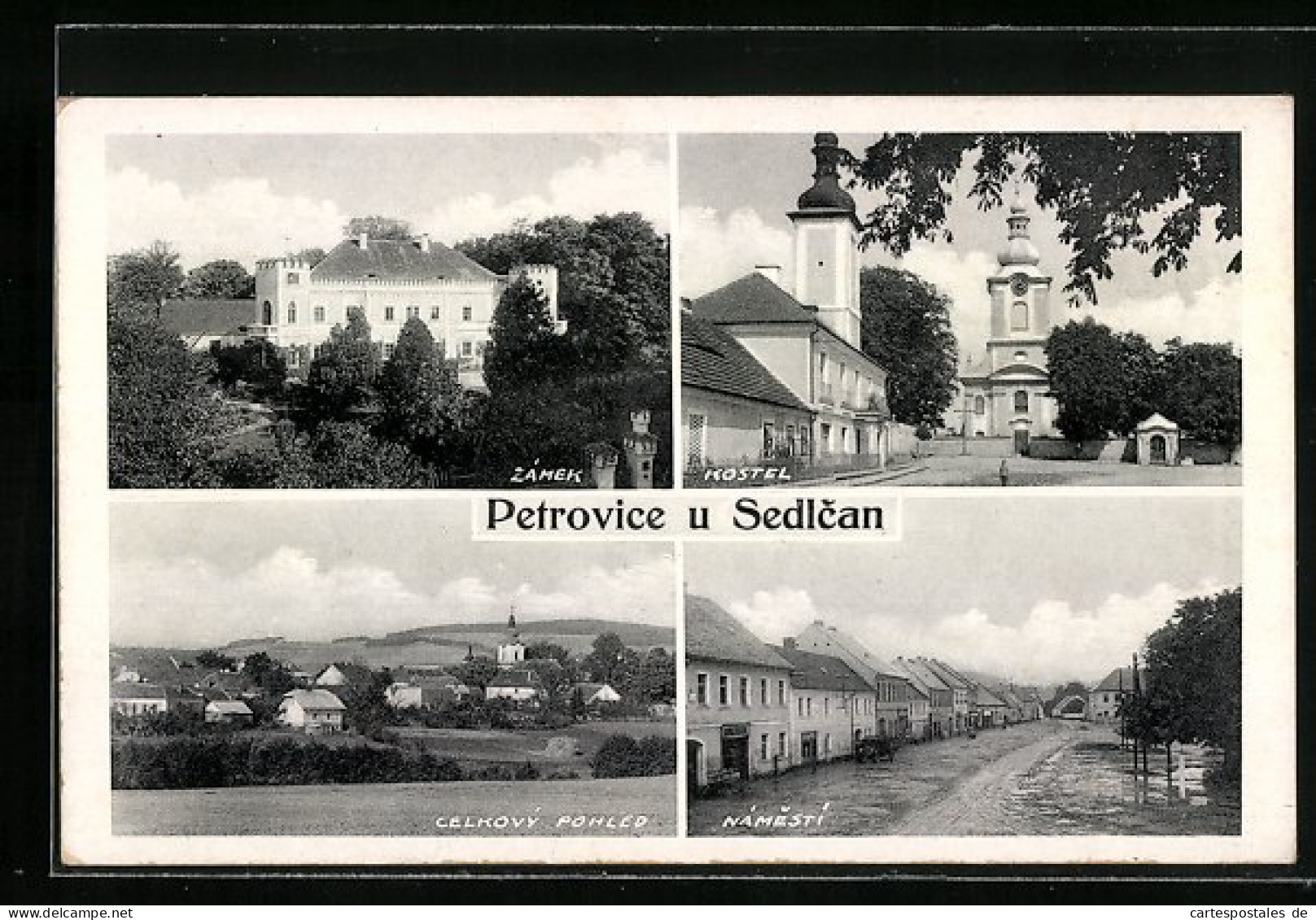 AK Petrovice U Sedlcan, Zámek, Kostel, Celkový Pohled, Námestí  - Tchéquie