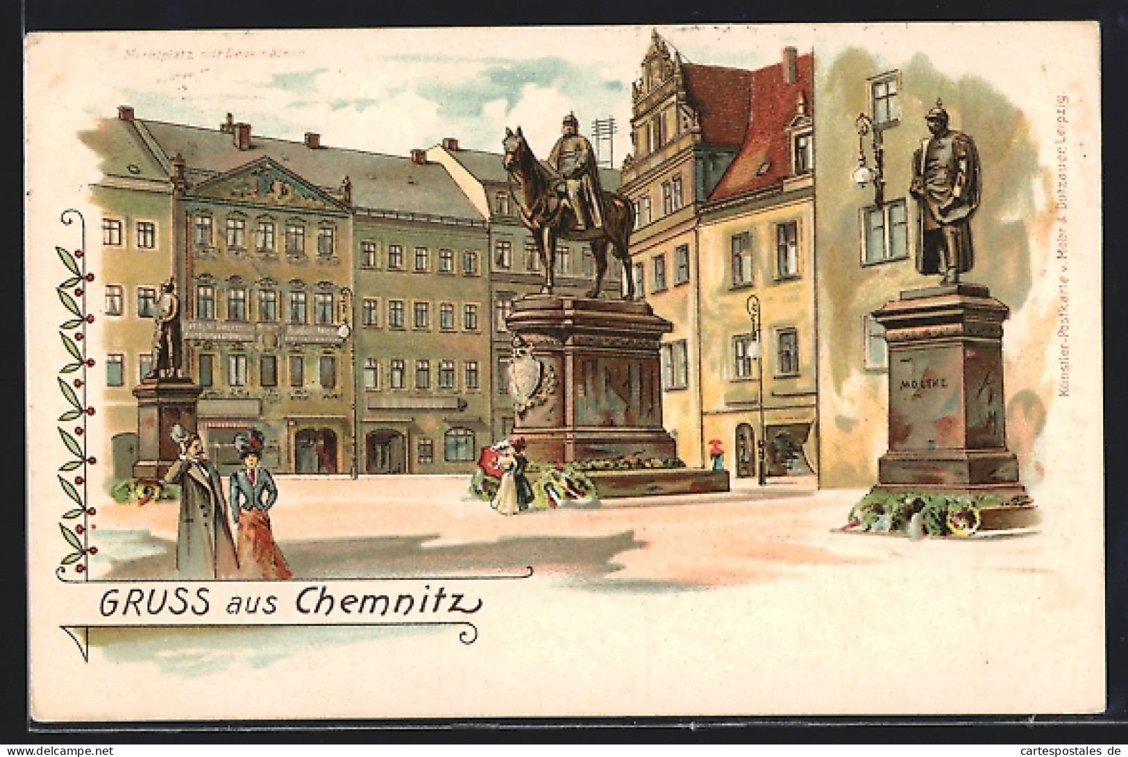 Lithographie Chemnitz, Kaiser Wilhelm I., Bismarck Und Molke Denkmäler  - Chemnitz