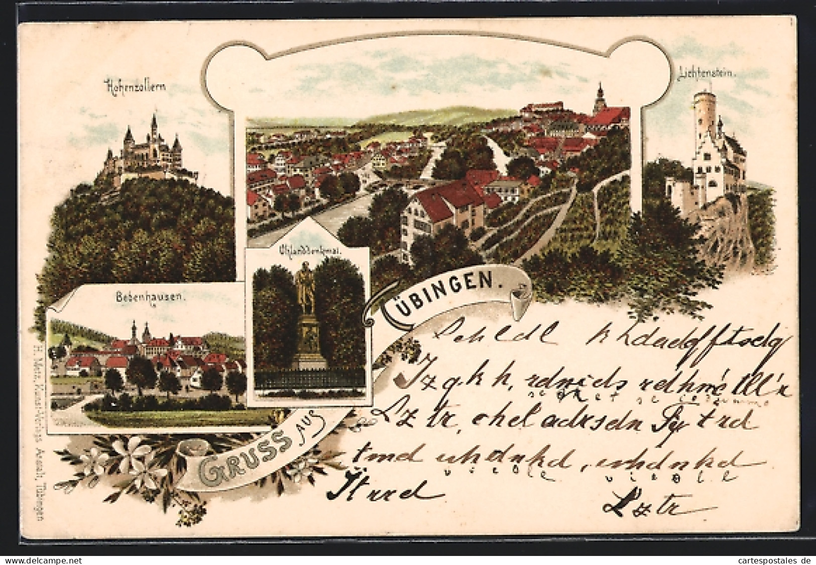 Vorläufer-Lithographie Tübingen, 1895, Schloss Hohenzollern, Uhland-Denkmal, Lichtenstein U. Bebenhausen  - Tübingen