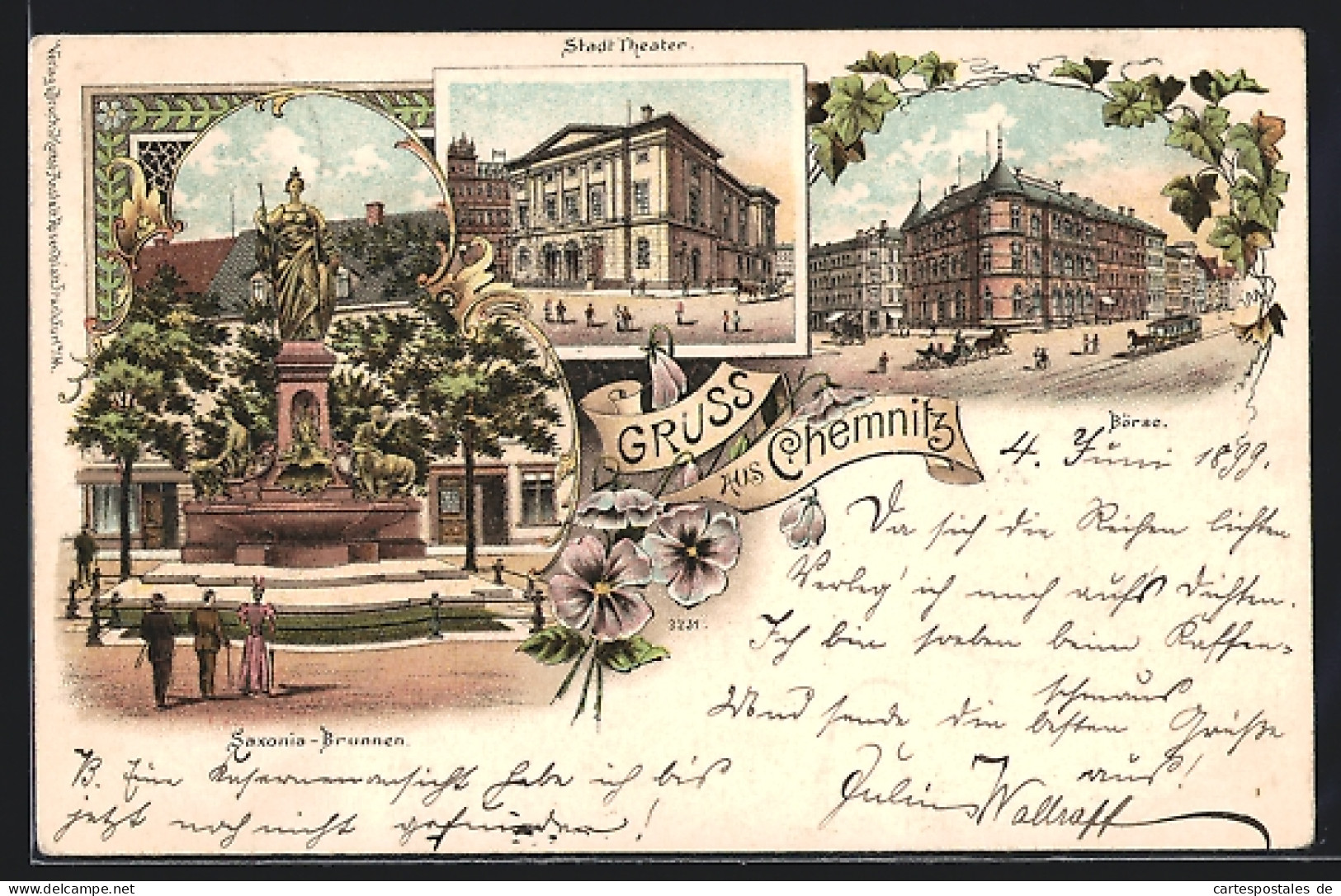 Lithographie Chemnitz, Saxonia-Brunnen, Stadt-Theater, Börse  - Theater