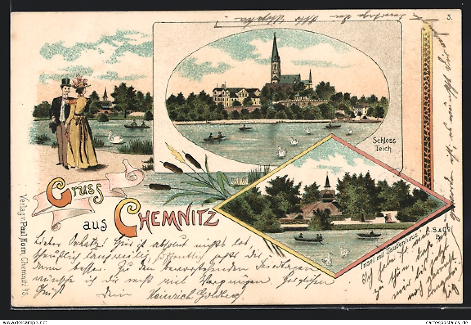 Lithographie Chemnitz, Schlossteich, Insel Mit Taubenhaus  - Chemnitz