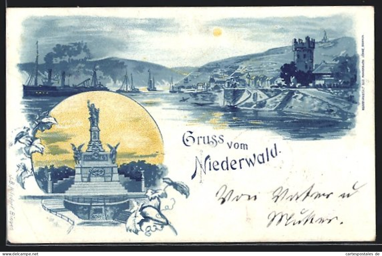 Lithographie National-Denkmal Auf Dem Niederwald, Rhein Bei Nacht  - Autres & Non Classés