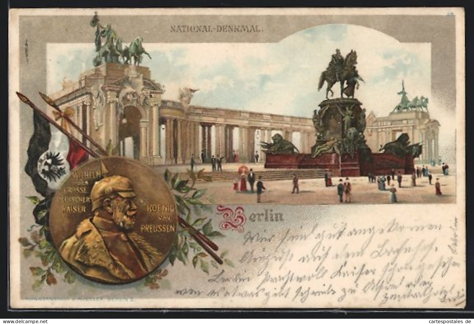 Lithographie Berlin, National Denkmal, Münze Von Wilhelm Der Grosse Deutsche Kaiser, Flaggen  - Mitte