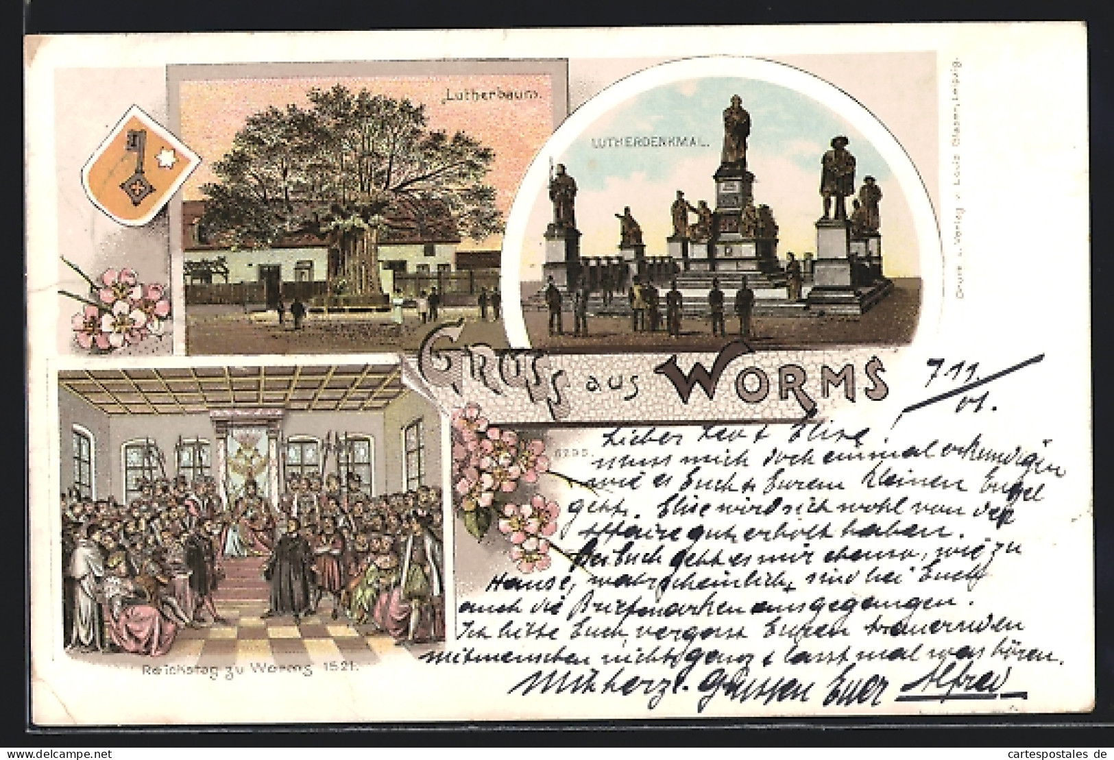 Lithographie Worms, Lutherdenkmal, Lutherbaum, Reichstag 1521  - Worms