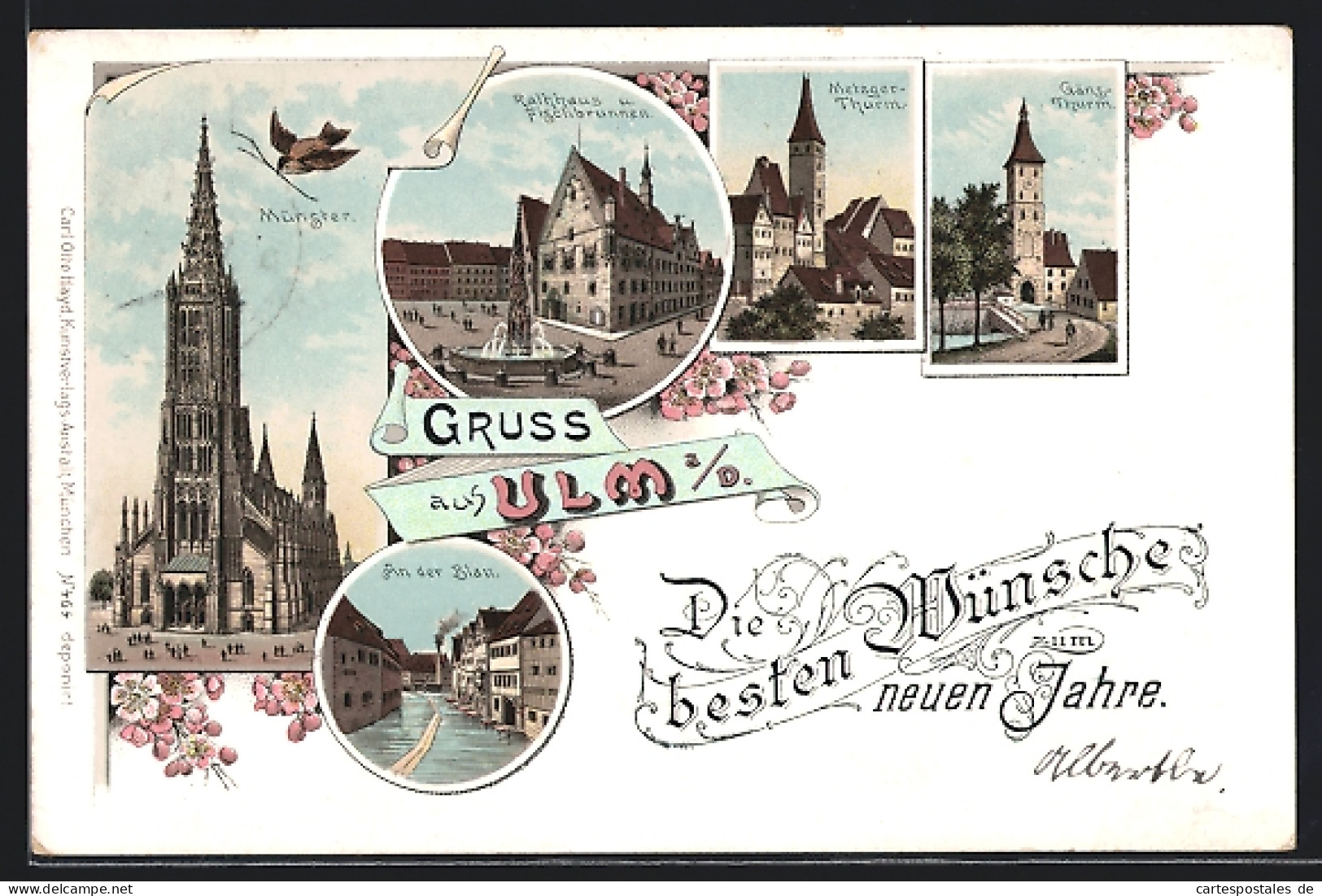 Lithographie Ulm A. Donau, Münster, Metzgerturm, Gänsethurm  - Ulm