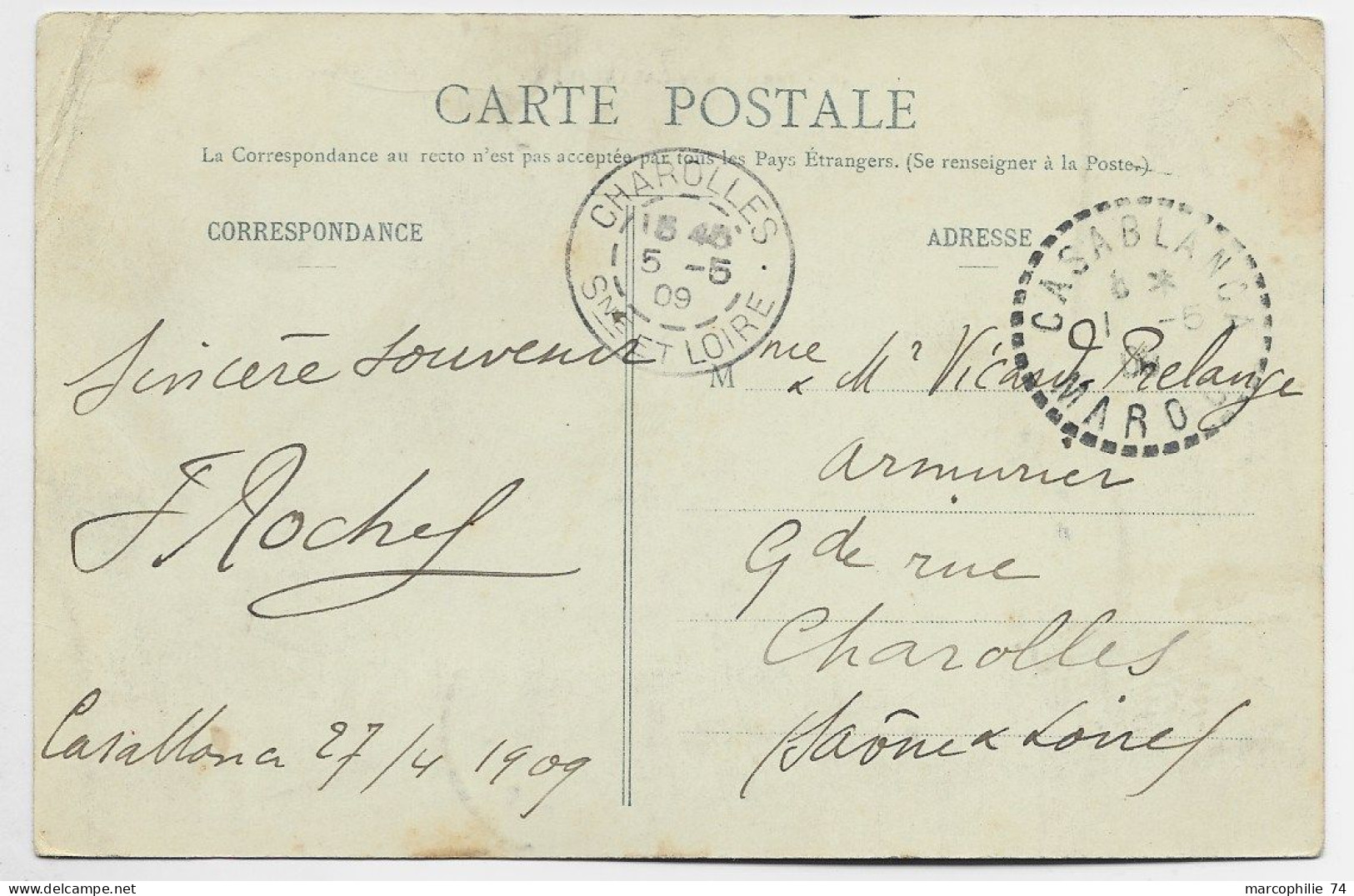 MAROC 5C BLANC AU RECTO CARTE CASABLANCA 1909 C. PERLE - 1877-1920: Période Semi Moderne