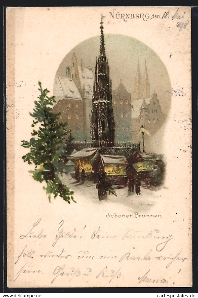 Lithographie Nürnberg, Schöner Brunnen Hinter Ständen Und Einem Tannenbaum  - Nuernberg