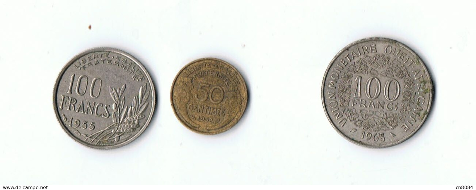 LOT 3 PIECES MONNAIE - FRANCE 100 FR 1955 , 50 CTS 1932 - UNION MONETAIRE OUEST AFRICAINE 100 FR 1968 - Autres & Non Classés