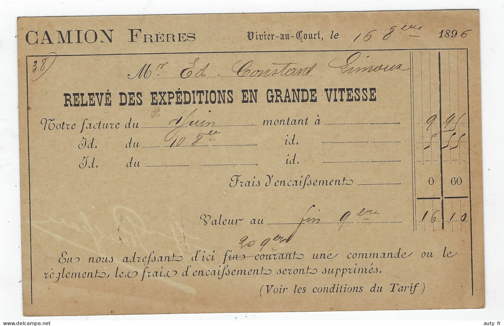 Entier Repiqué Camion à VIVIER AU COURT - Ardennes - CAD 1896 - 1877-1920: Semi Modern Period