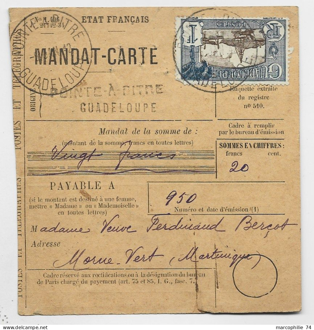 GUADELOUPE 1FR SEUL  DEFAUT ANGLE MANDAT CARTE POINTE A PITRE 1942 - Covers & Documents