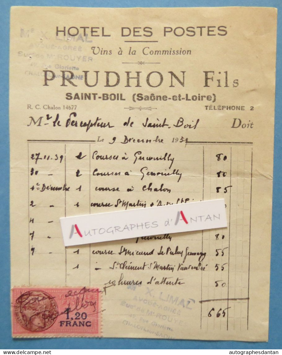 ● SAINT BOIL - Hôtel Des Postes - Prudhon Fils Vins à La Commission - Courses à Génouilly Chalon Facture Saône Et Loire - 1900 – 1949