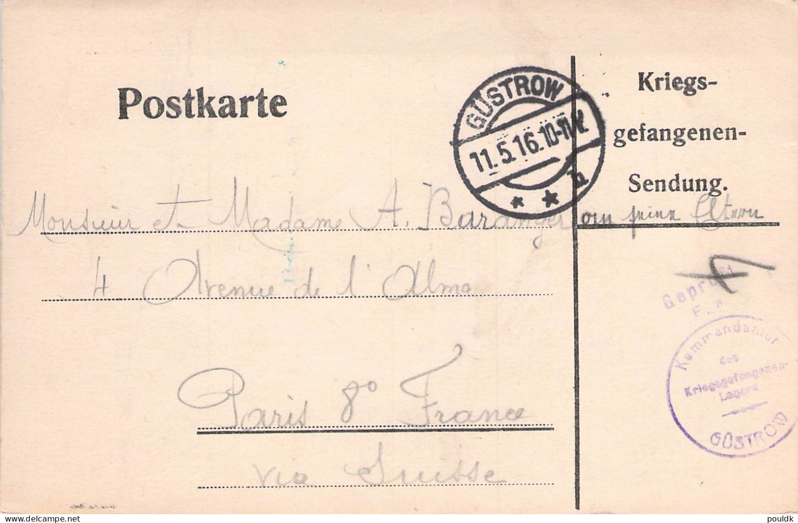 French Prisoner Of War Card From Germany, Kriegsgefangenenlager Güstrow Posted Güstrow 11.5.1916. Postal Weight Approx 4 - Militaria