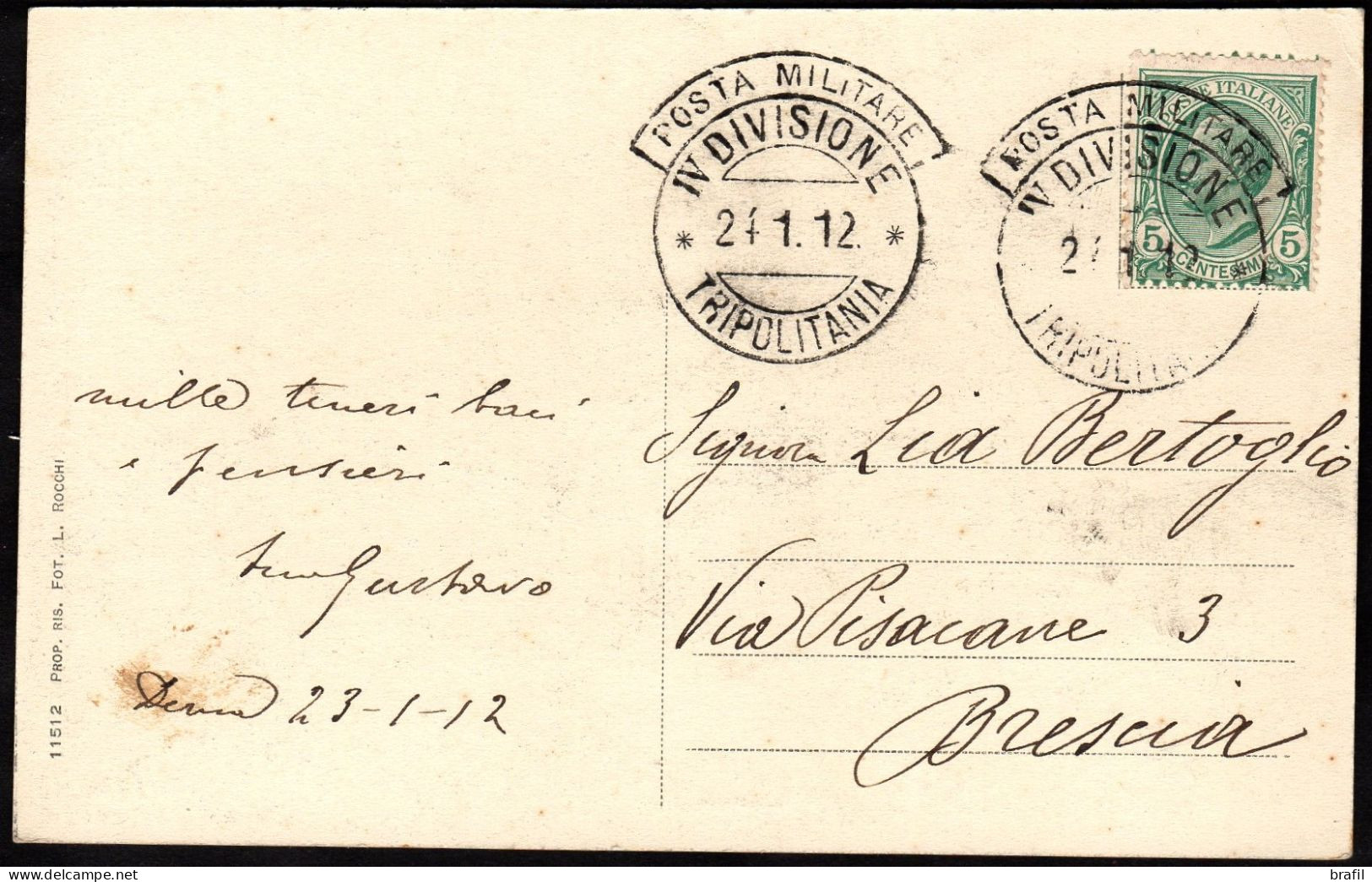 1912 Posta Militar4e IV Divisione Tripolitania Cartolina Da Derna Per Brescia - Military Mail (PM)