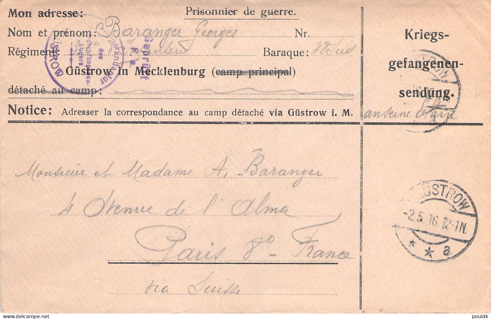 French Prisoner Of War Cover From Germany, Kriegsgefangenenlager Güstrow Posted Güstrow 2.5.1916. Postal Weight Approx 4 - Militares