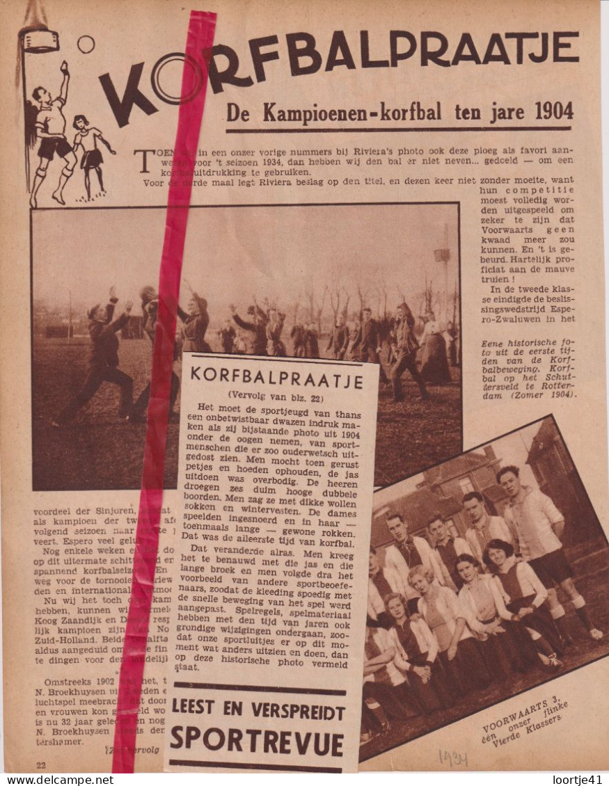 Korfbal Ploeg Riviera & Voorwaarts - Orig. Knipsel Coupure Tijdschrift Magazine - 1934 - Non Classificati