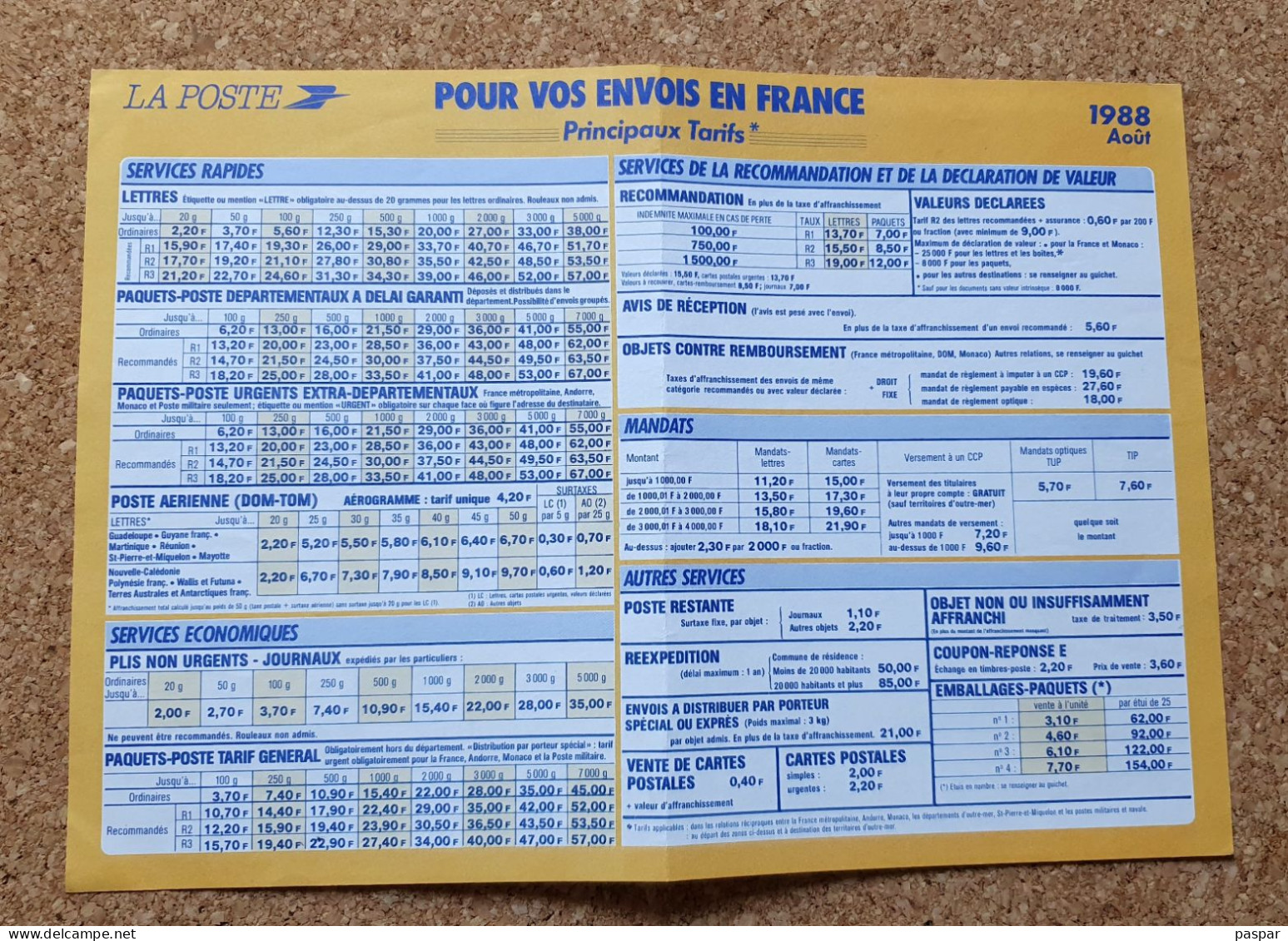 Principaux Tarifs France Et Etranger La Poste Août 1988 - Documents Of Postal Services