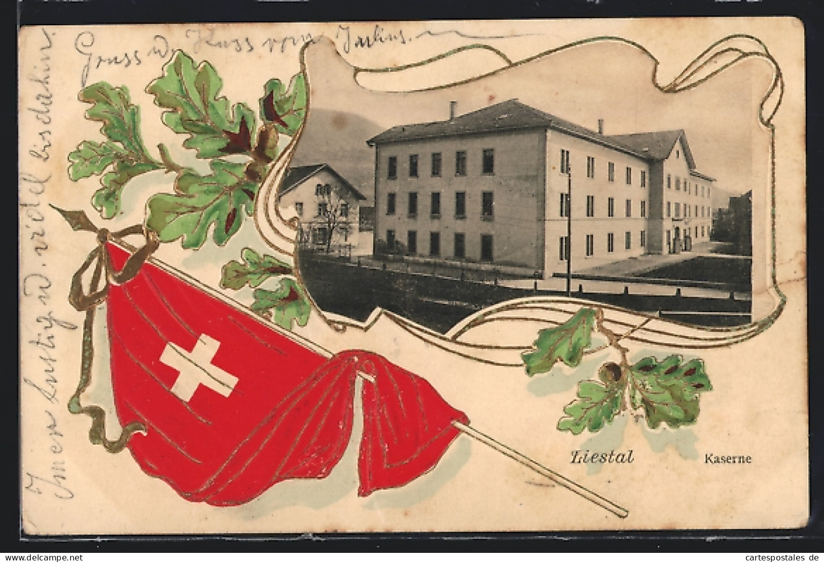 Passepartout-AK Liestal, Kaserne, Flagge Und Eichenblätter  - Liestal