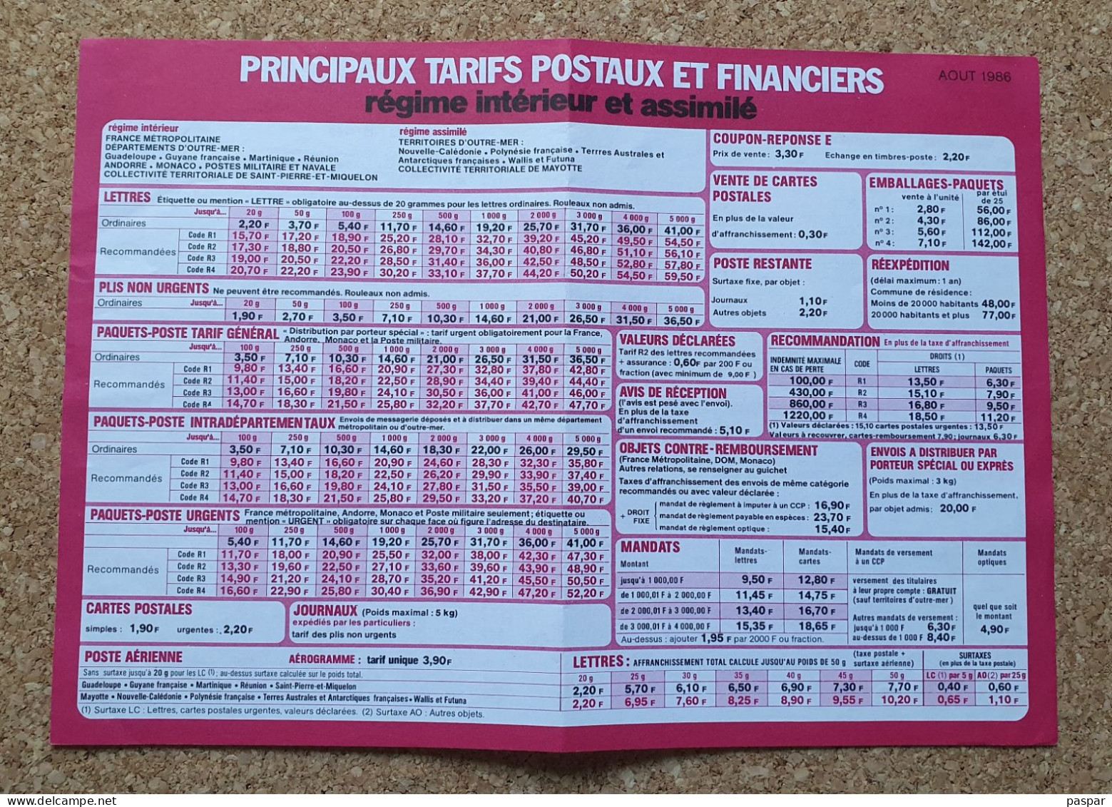 Principaux Tarifs Postaux Et Financiers La Poste Août 1986 - Documents Of Postal Services