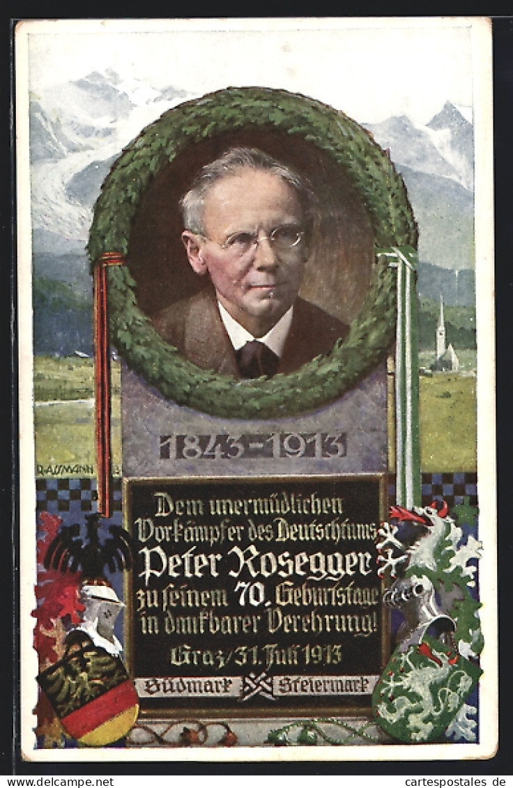 Künstler-AK R. Assmann: Karte Zum 70. Geburtstag Von Peter Rosegger  - Schriftsteller
