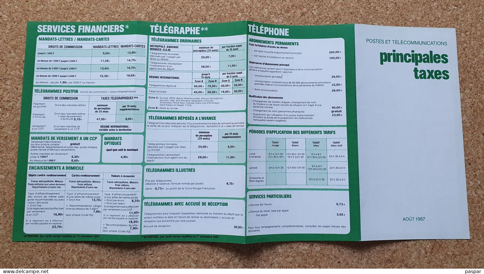 Principales Taxes Août 1987 Postes Et Télécommunications - Documents De La Poste