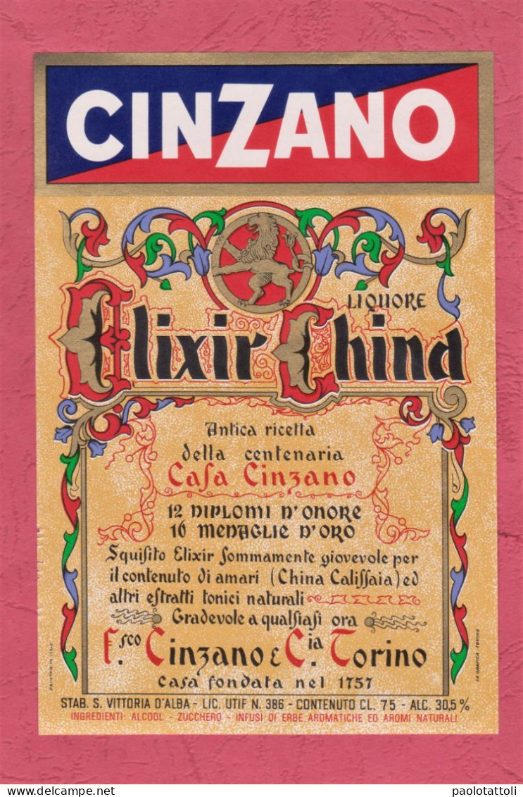 Etiquette, Brand New Label, Etichetta Nuova-95x 142mm. CINZANO.ELIXIR CHINA, Distilleria F. Cinzano, Torino. - Alcoholen & Sterke Drank