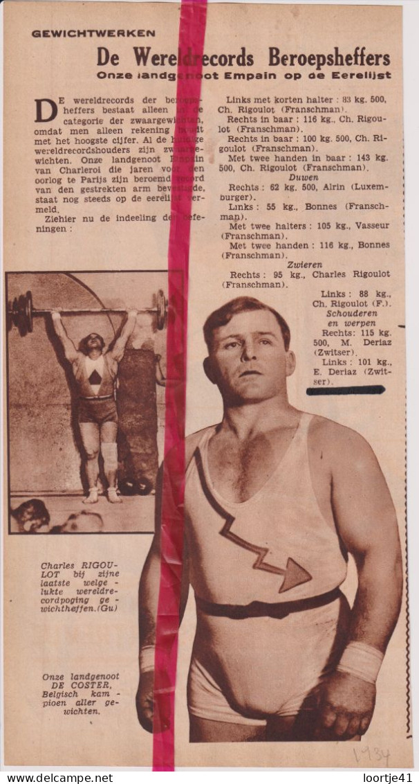 Gewichtheffen , Belgisch Kampioen De Coster - Orig. Knipsel Coupure Tijdschrift Magazine - 1934 - Non Classés