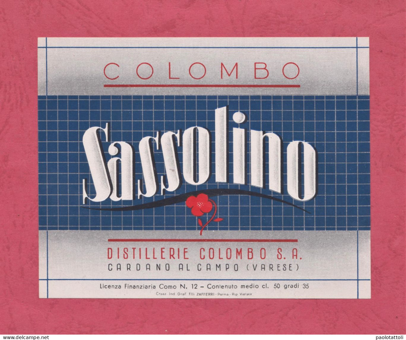 Etiquette, Etichetta Nuova. Brand New Label- Sassolino , Distillerie Colombo. Cardano Al Campo- Varese. 98x 125mm - Alcools & Spiritueux