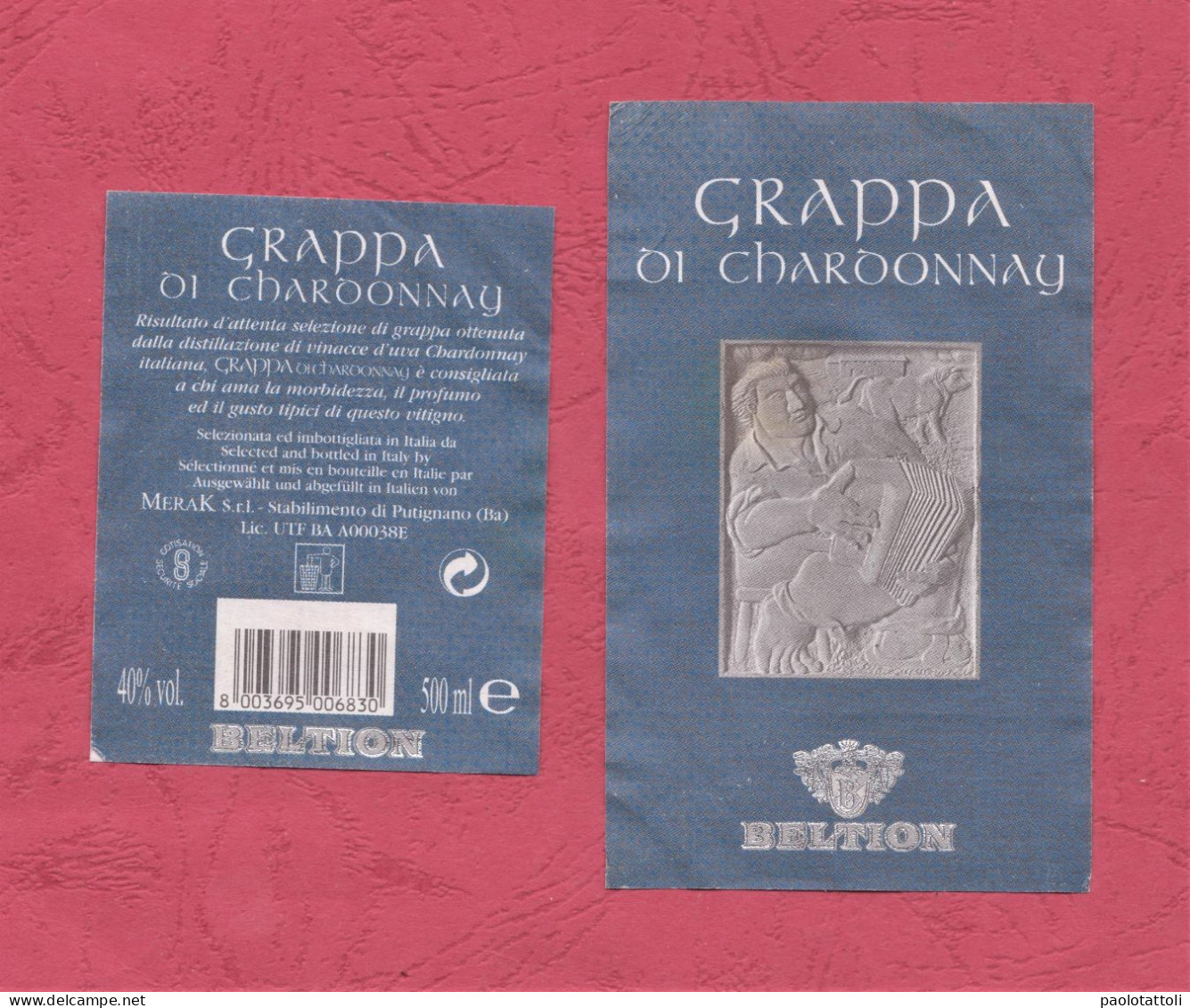 Grappa Di Chardonnay. Beltion. Bottled By Merak Srl, Putignano-BA-Used Label. Etichetta Usata. 140x 64mm - Alcohols & Spirits