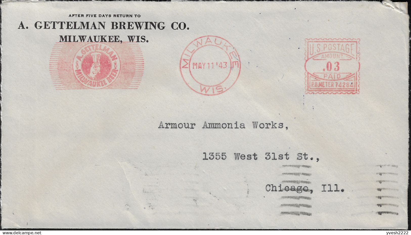 États-Unis USA 1943 EMA, Empreinte De Machine à Affranchir Pitney Bowes. A. Gettelman. Bière Du Milwaukee. Verre - Beers