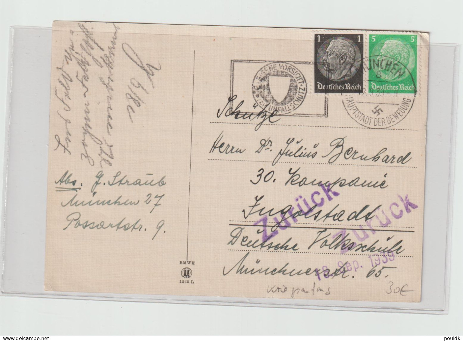 German Feldpost From The Outbreak Of WW2: Postcard To 30. Kompanie At A School In Ingolstadt However Returned Zurück Pos - Militares