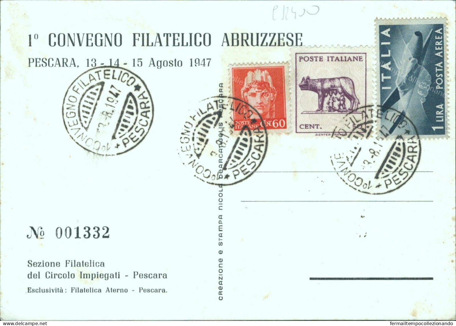 Cr400 Cartolina Pescara 1 Convegno Filatelico Abruzzese 1947 - Pescara