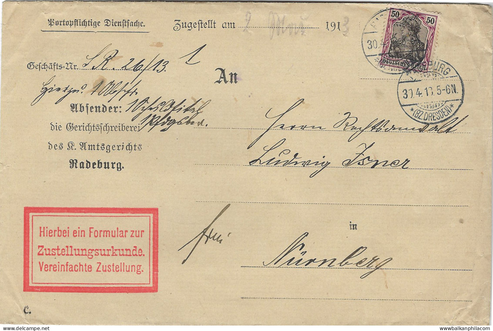 1913 Germany 50pf Radeburg To Nurnberg - Andere & Zonder Classificatie