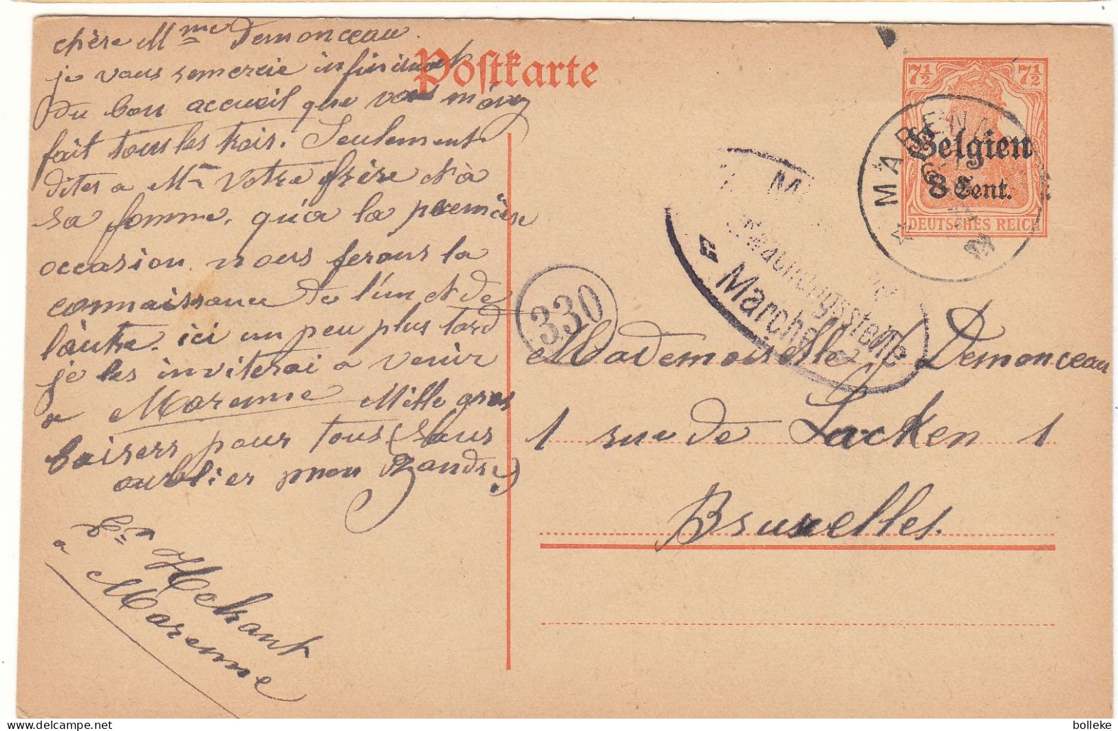 Belgique - Carte Postale De 1918 - Entier Postal - Oblit Marenne - Exp Vers Bruxelles - Avec Censure - - Duitse Bezetting