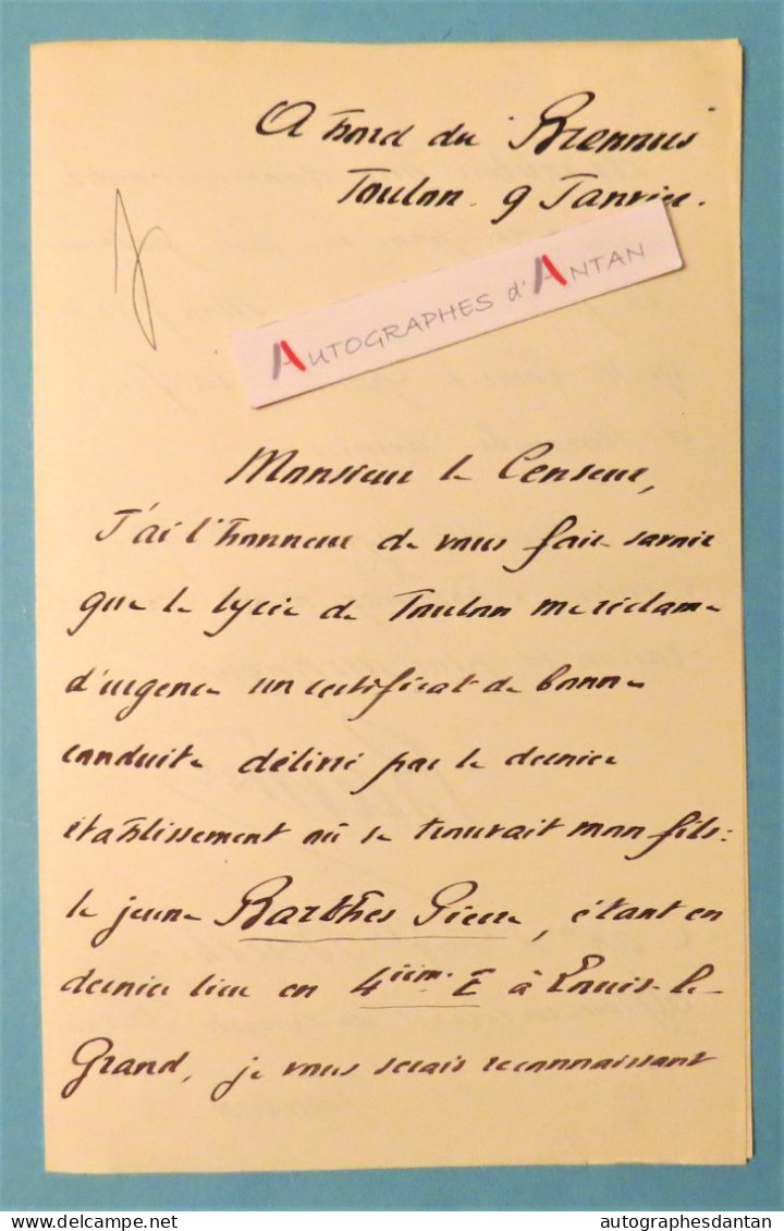 ● L.A.S Eugène BARTHES à Bord Du Cuirassé Brennus - Toulon Circa 1903 - Louis Le Grand - Né à Brest - Lettre Marine - Politiques & Militaires