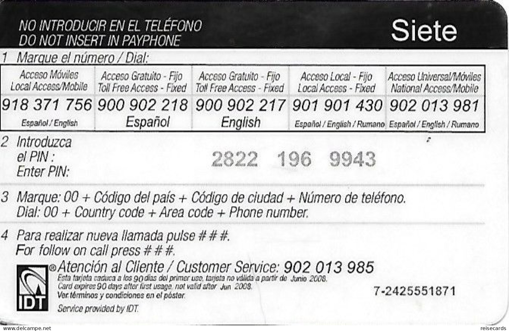 Spain: Prepaid IDT - Siete 06.08 - Autres & Non Classés
