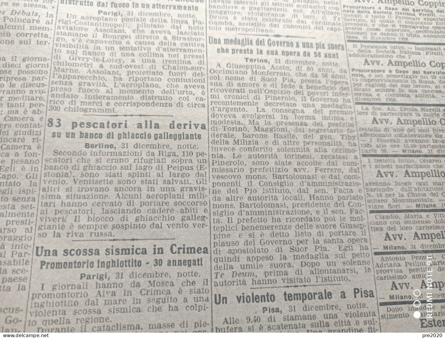 CORRIERE DELLA SERA 1/1/1929 FONTANIVA PADOVA OCCIMIANO MONFERRATO - Other & Unclassified