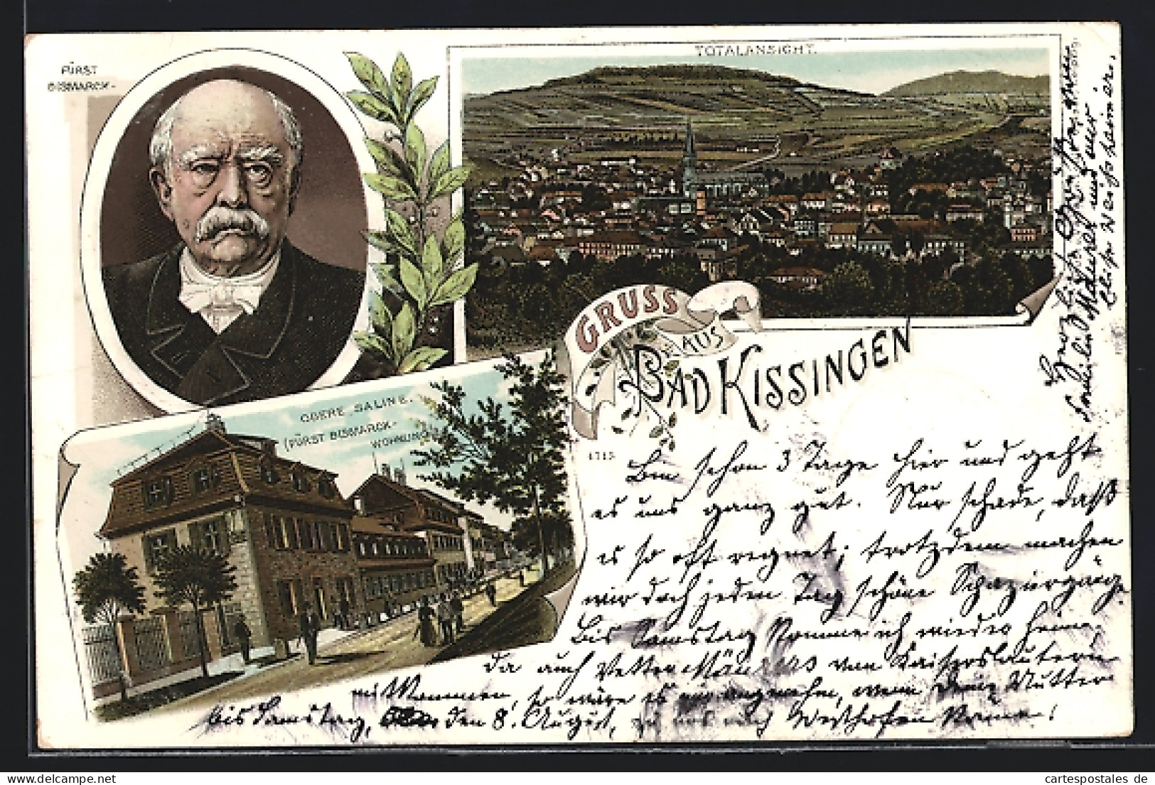 Lithographie Bad Kissingen, Totalansicht, Obere Saline Mit Fürst Bismarck-Wohnung, Portrait  - Bad Kissingen