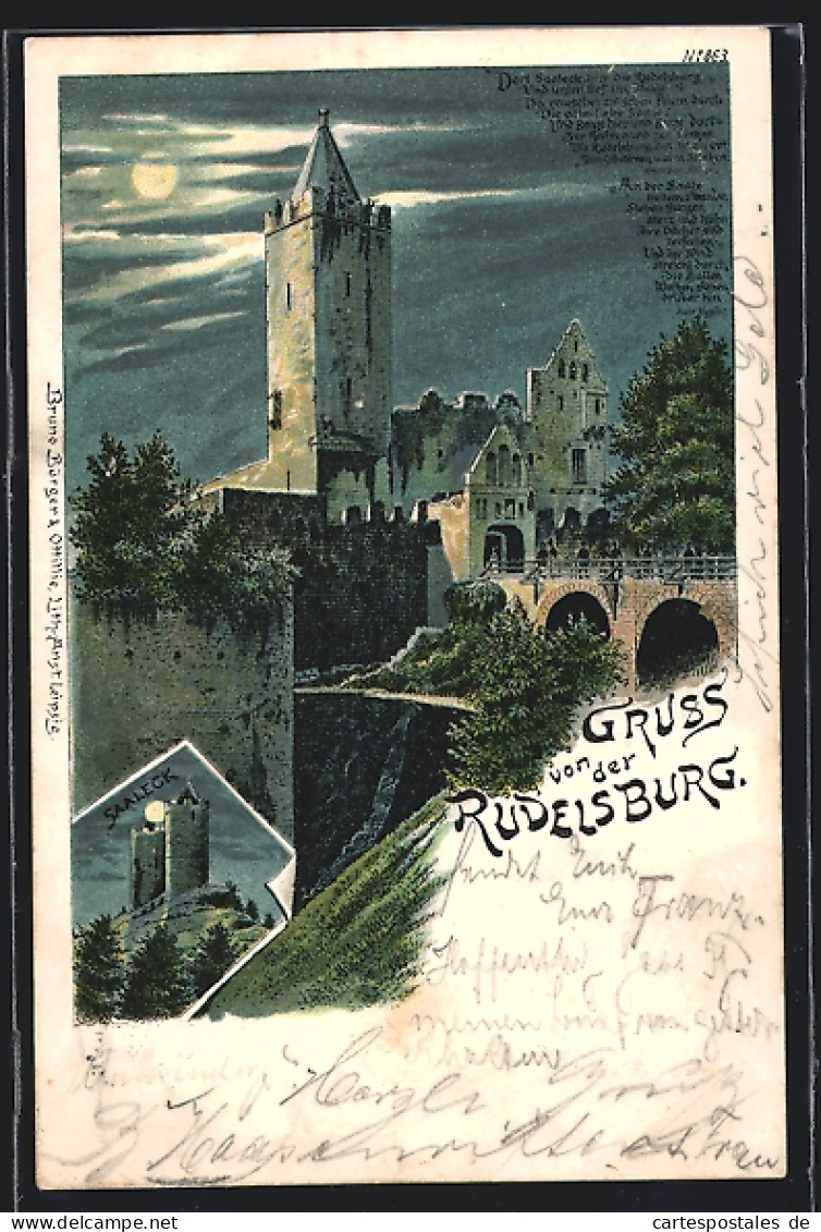 Mondschein-Lithographie Rudelsburg, Schloss, Burgruine Saaleck  - Sonstige & Ohne Zuordnung