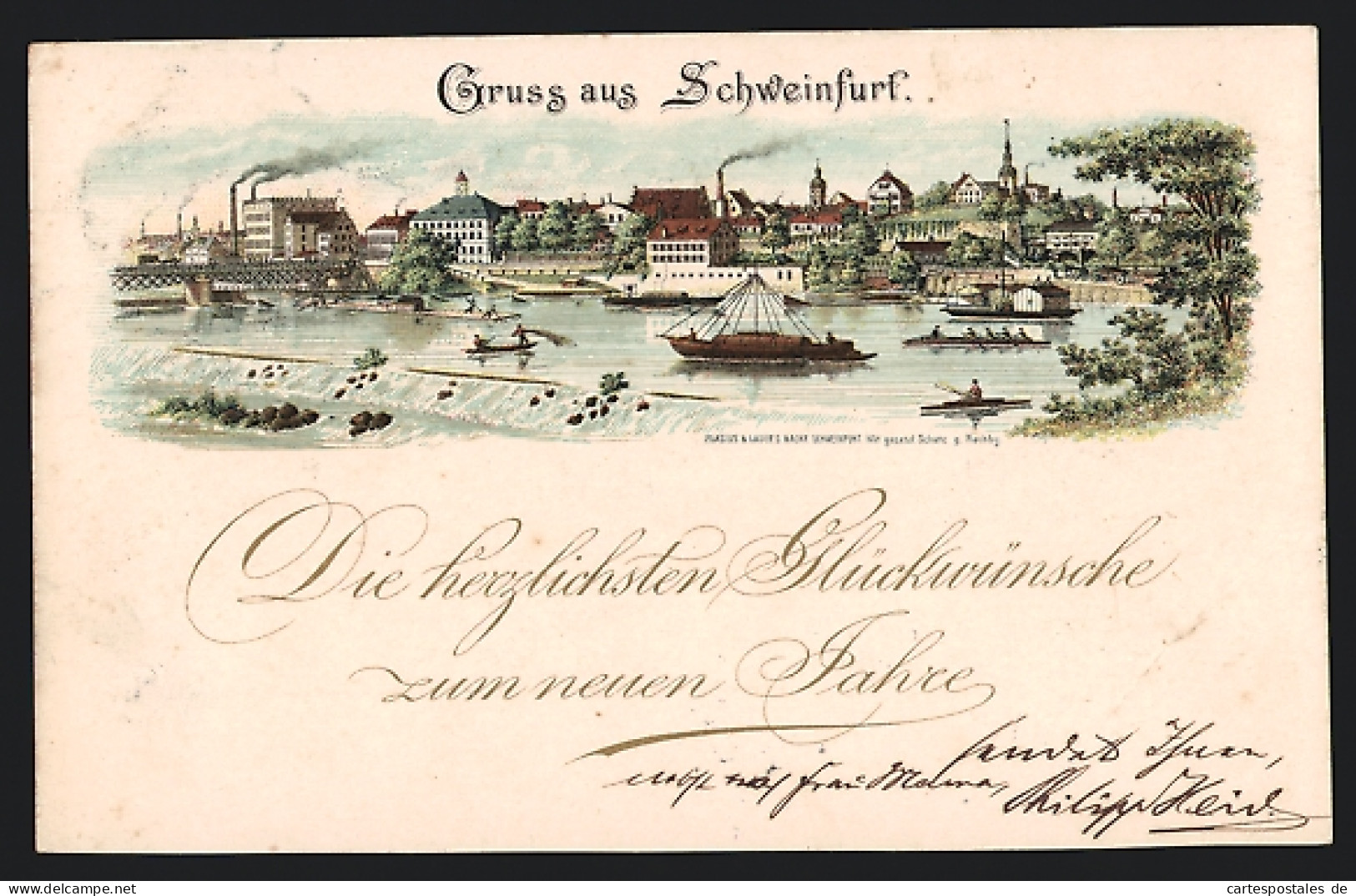 Lithographie Schweinfurt, Ortspanorama Mit Brücke Und Schiffen Aus Der Vogelschau  - Schweinfurt