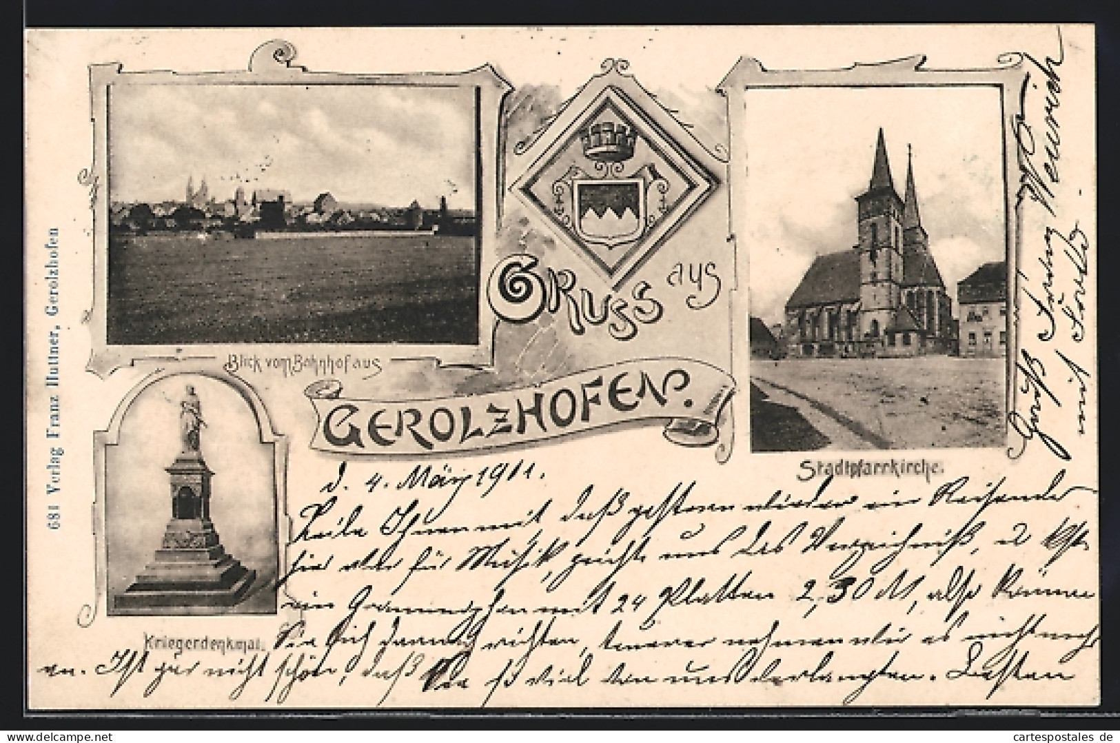 AK Gerolzhofen, Pfarrkirche, Kriegerdenkmal, Ortsansicht Vom Bahnhof Aus, Wappen  - Gerolzhofen