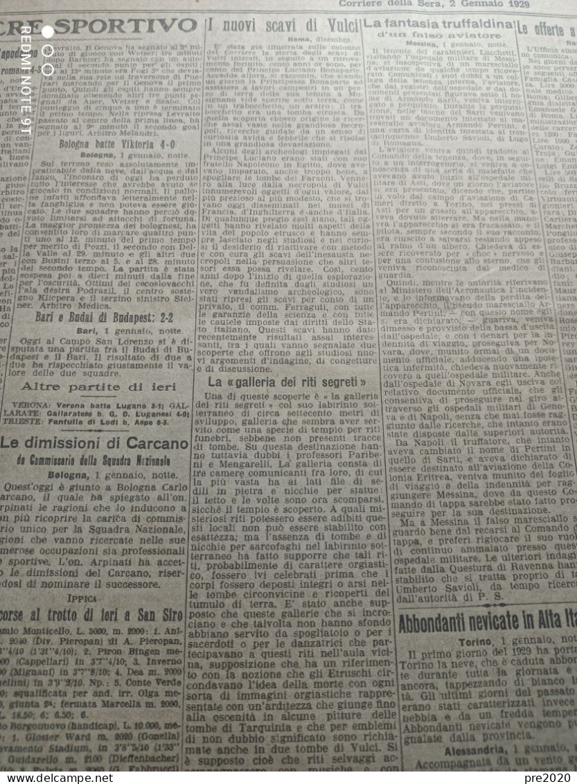 CORRIERE DELLA SERA 2/1/1929 SCAVI DI VULCI GORLA - Autres & Non Classés