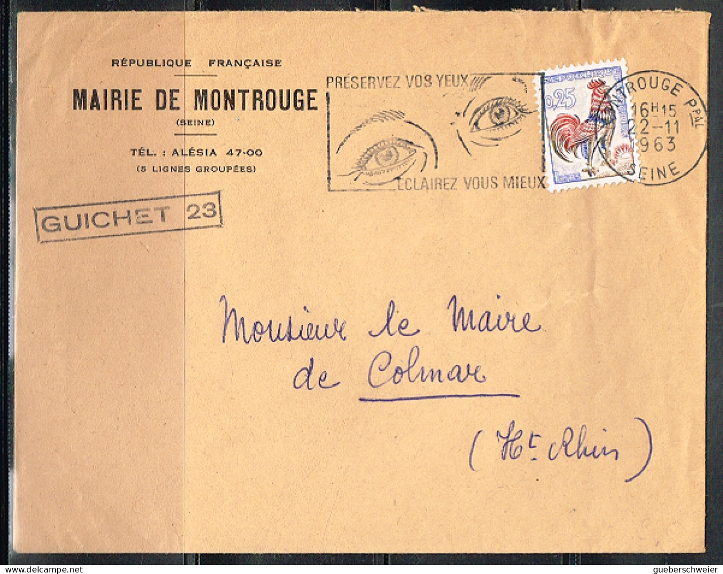 OPT-L38 - FRANCE Flamme Illustrée Sur Lettre De La Mairie De Montrouge 1963 "Préservez Vos Yeux Eclairez Vous Mieux" - Oblitérations Mécaniques (flammes)