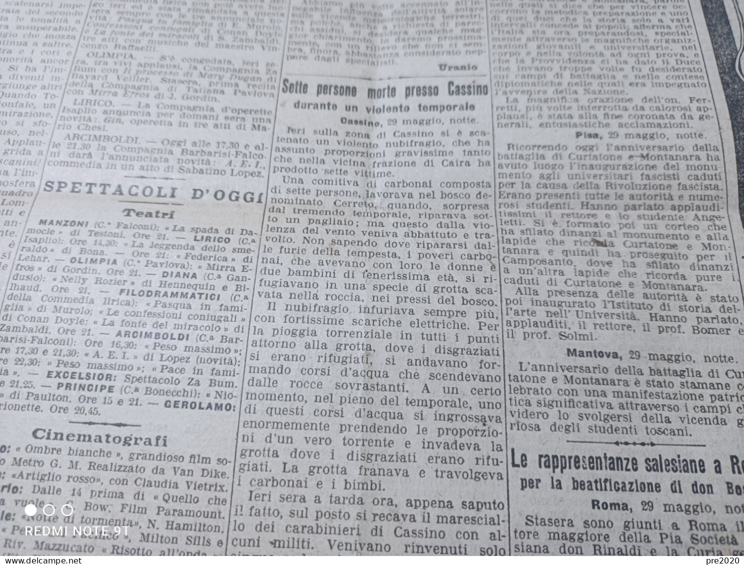 CORRIERE DELLA SERA 30/5/1929 CASSINO CURINGA - Autres & Non Classés