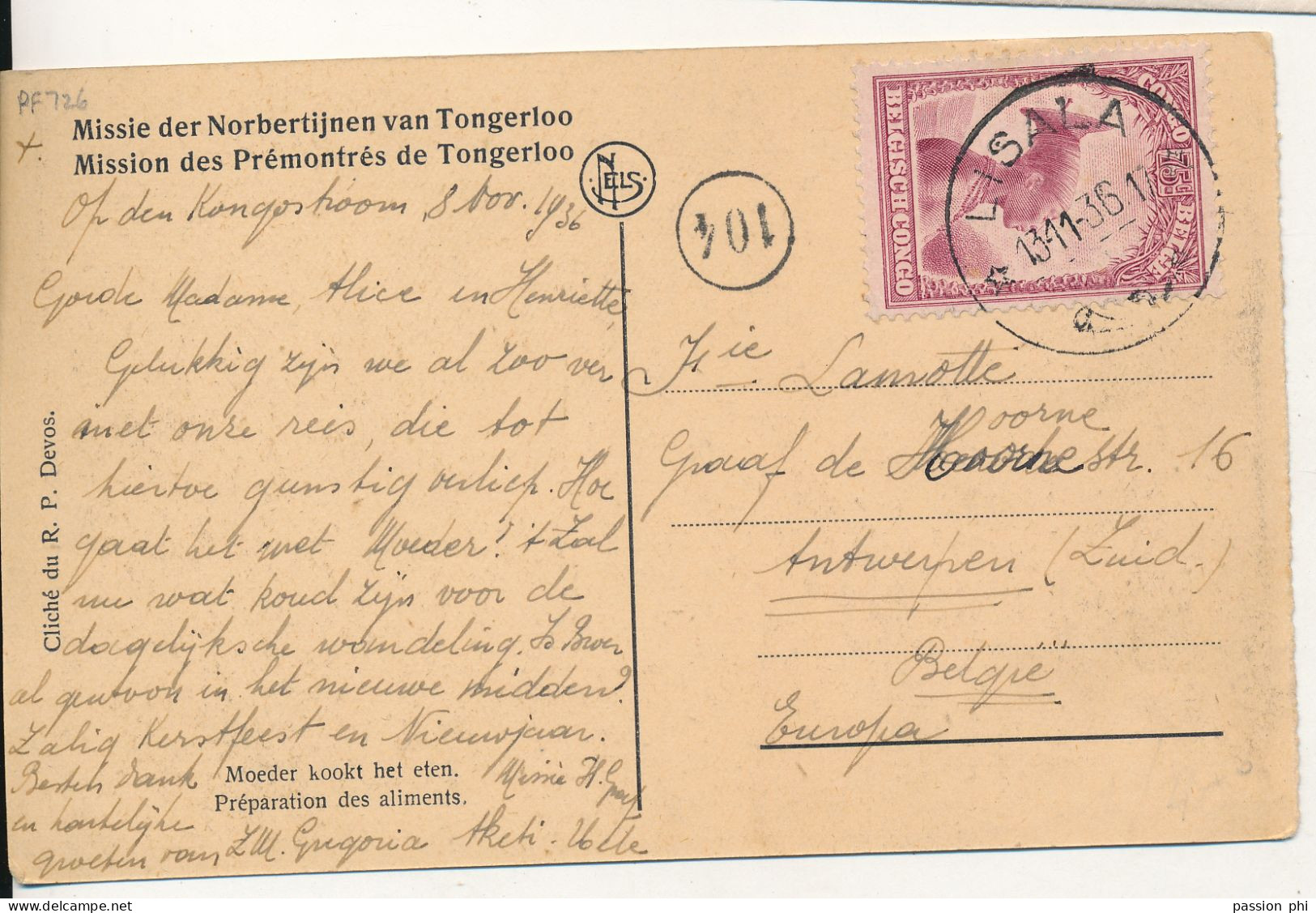 BELGIAN CONGO CP DE LISALA 13.11.36 VERS ANVERS - Lettres & Documents