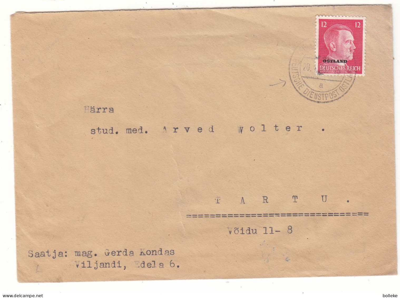 Allemagne - Ostland - Lettre De 1943 - Oblit Deutsche Postdienst Ostland - Exp Vers Tartu - Hitler - - Occupation 1938-45