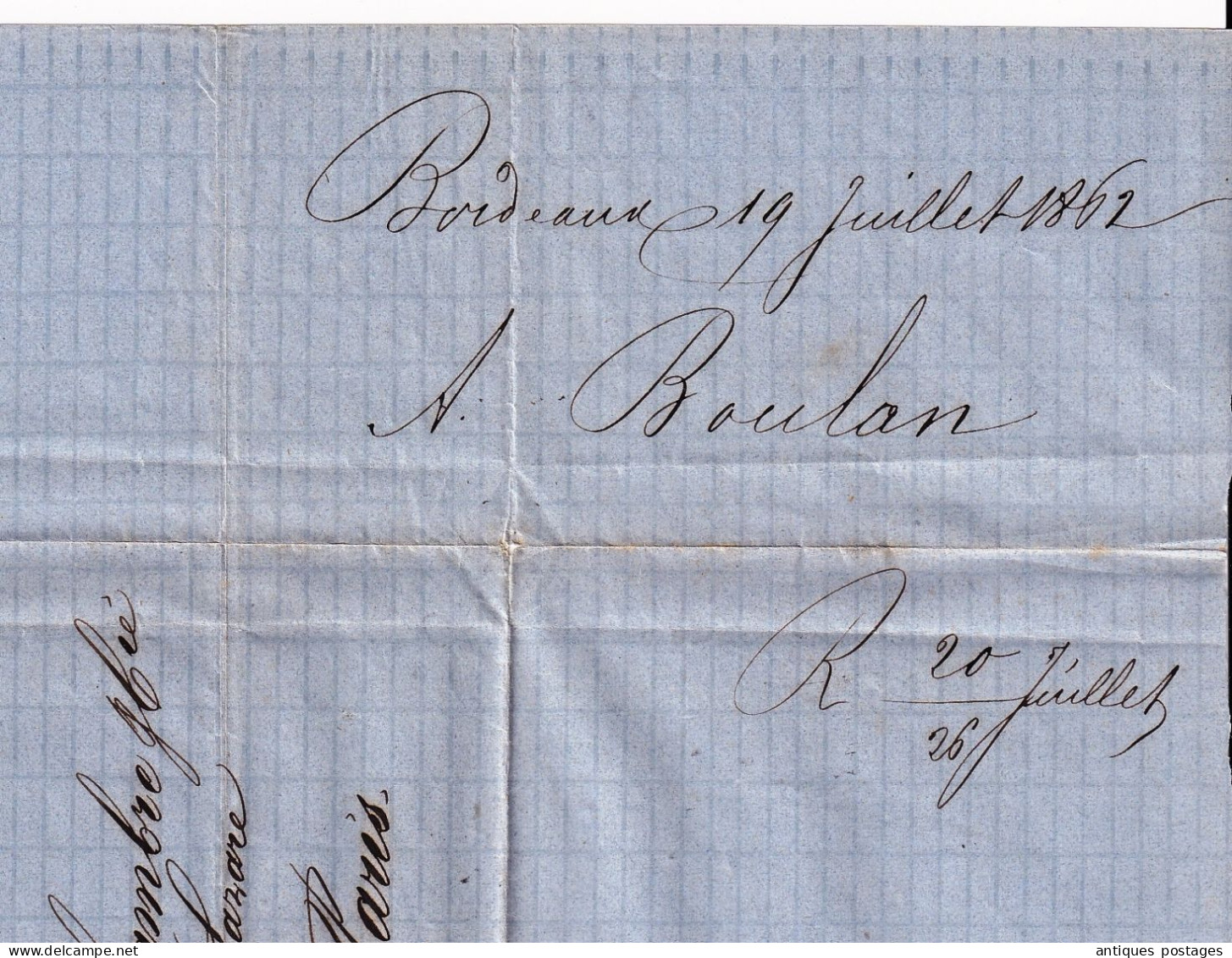 LSC 1862 Napoléon III Empire non dentelé Bordeaux Gironde pour Paris Adolphe Boulan